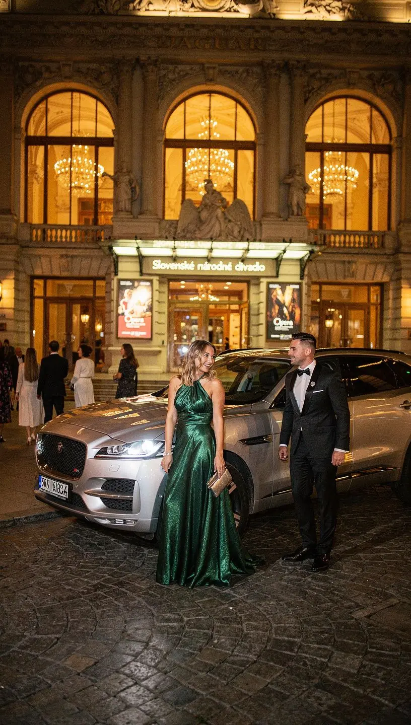 Luxusné vozidlo pripravené na prenájom pred modernou budovou.